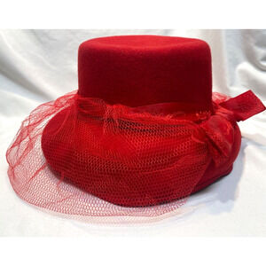 Michael Howard 100% Wool Red Hat Satin Bow and Tulle Church/Work/Pleasure